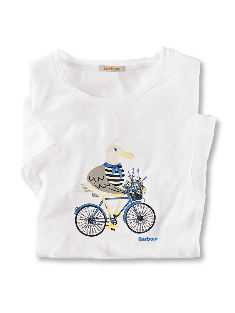 Weißes T-Shirt mit Seemöwe auf einem Fahrrad