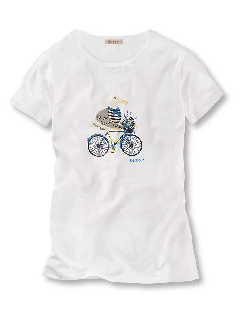 Weißes T-Shirt mit Seemöwe auf einem Fahrrad