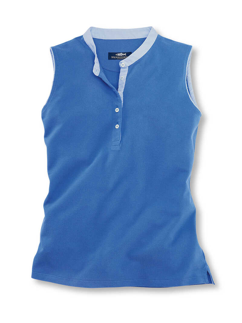 Blaues Poloshirt ohne Ärmel mit Stehkragen