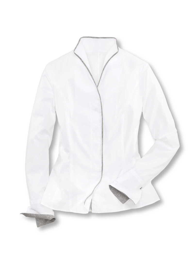 Weiße Bluse mit Kelchkragen und Kontrastbesatz