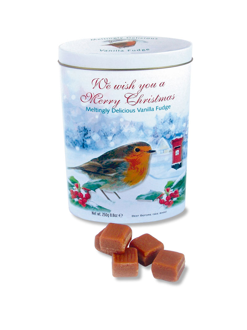 Produktbild zu Weihnachtsdose mit Fudge Karamellbonbons