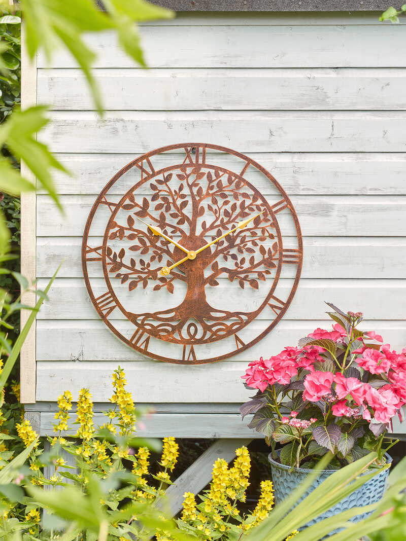 Produktbild zu Gartenuhr mit keltischem Lebensbaum in Edelrostoptik