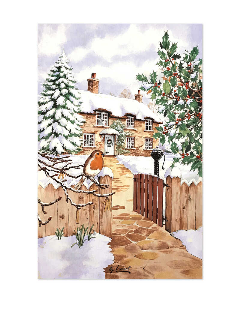 Produktbild zu Baumwoll-Geschirrtuch Rotkehlchen im Schnee