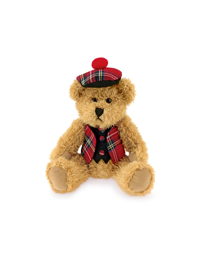 Teddybär mit schottischer Mütze und Weste mit Schottenkaro