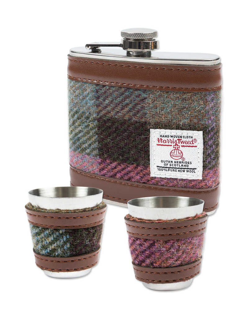 Alternatives Bild 1 zu Flachmann mit 2 Bechern aus Edelstahl mit Harris Tweed