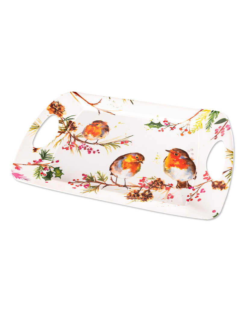 Produktbild zu Kleines Tablett mit Rotkelchen auf Tannenzweigen und Ilex