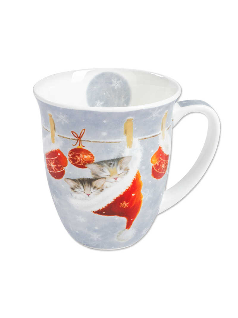 Produktbild zu Porellan-Becher mit schlafender Katze in Weihnachtsmtze