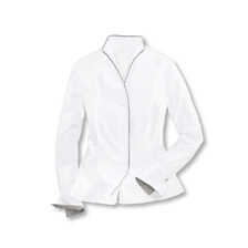 Weiße Bluse mit Kelchkragen und Kontrastbesatz
