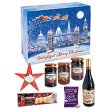 Delikatessen-Geschenkbox mit Rotwein, Marmelade, Shortbread und Snow Balls