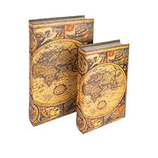 Holz-Schatullen in Buchform mit historischer Weltkarte