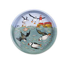 Rundes Metall-Tablett Diving Puffins