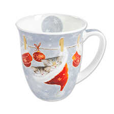 Porellan-Becher mit schlafender Katze in Weihnachtsmtze