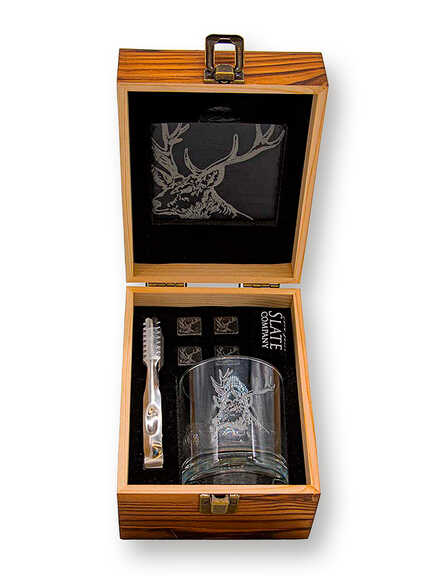 Whisky-Set in Holzbox Hirsch